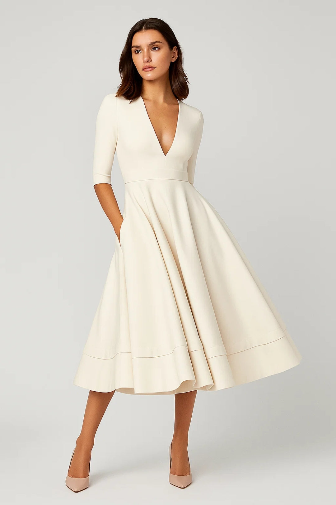 Chloé | Élégante Robe Midi à Col V avec Manches 3/4 0