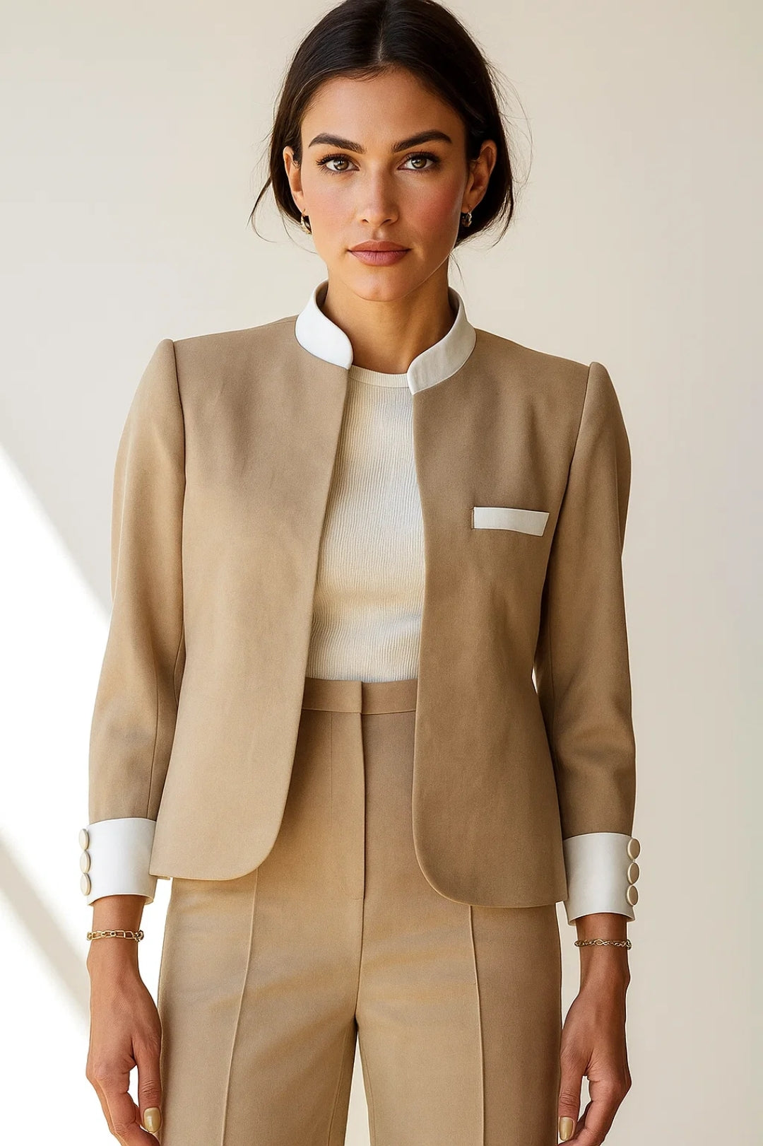 Léa | Blazer Femme Élégant Beige avec Détails Contrastés pour Femmes 0