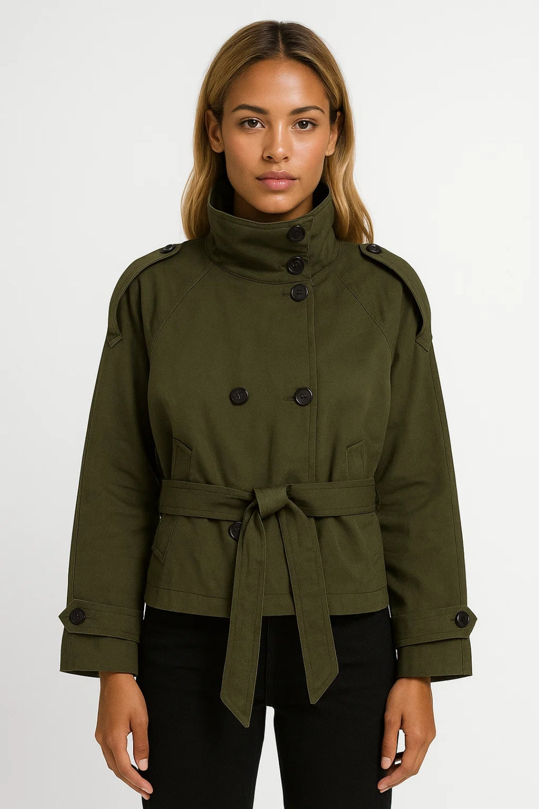 Léa | Trench Court Femme Chic à Col Montant et Ceinture Élégante 1