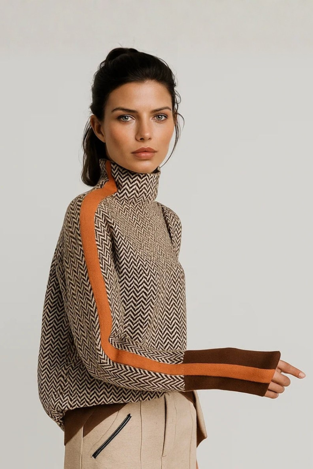 Émilie | Pull Femme Élégant à Col Roulé avec Rayures Contrastées Modernes