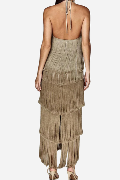 Cléo | Robe Midi Femme Élégante à Franges pour Soirées Glamour