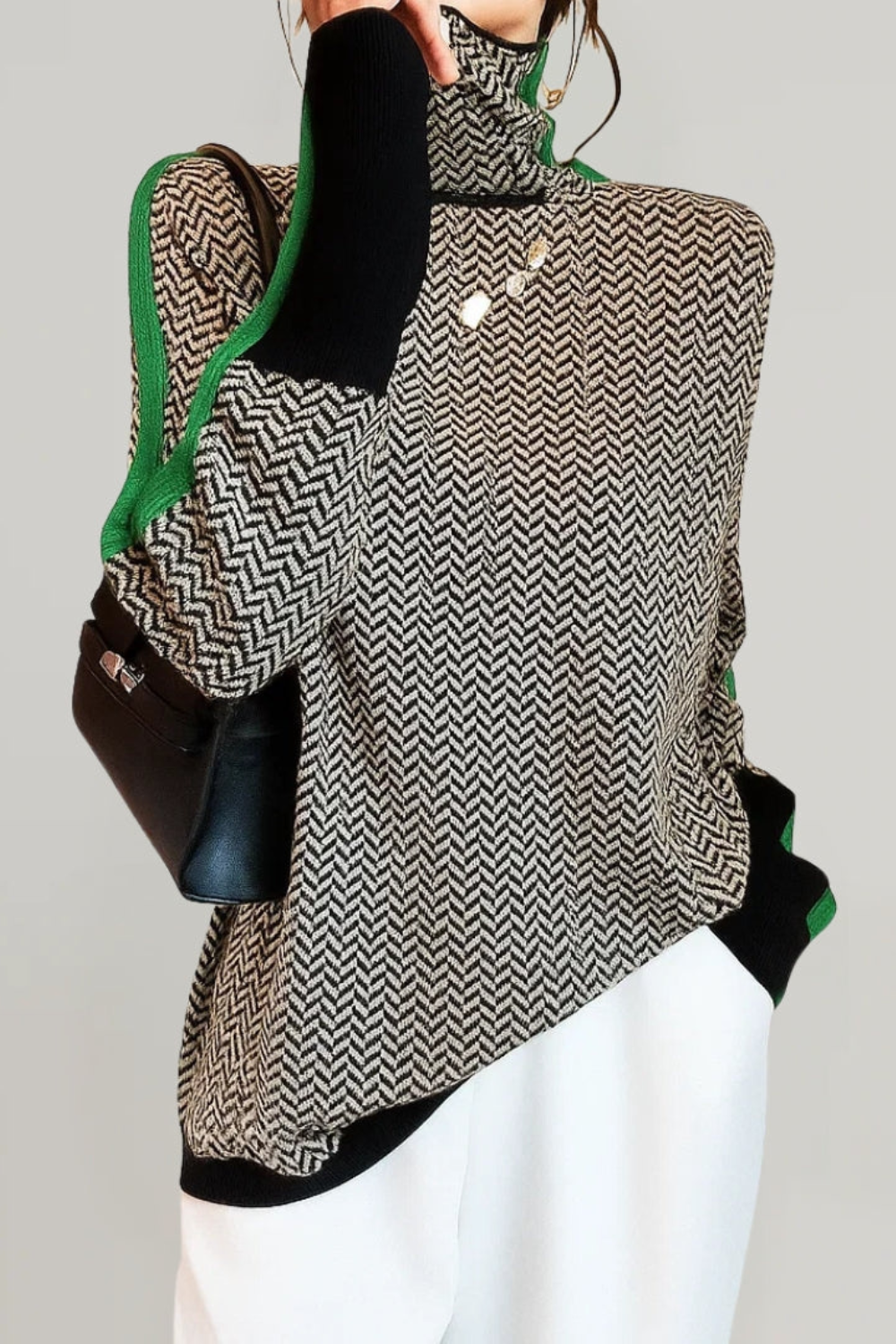 Émilie | Pull Femme Élégant à Col Roulé avec Rayures Contrastées Modernes