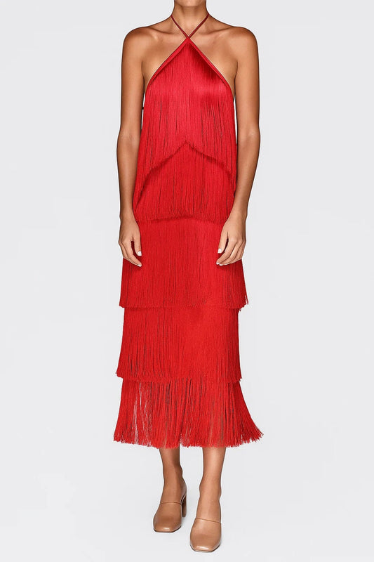 Clara | Robe Midi Femme Élégante à Franges pour Soirées Glamour 0