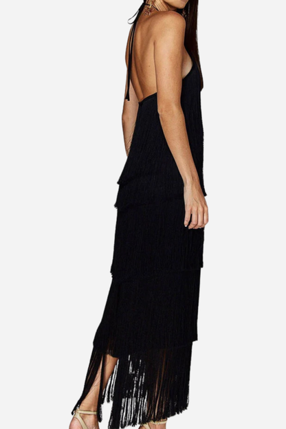 Cléo | Robe Midi Femme Élégante à Franges pour Soirées Glamour